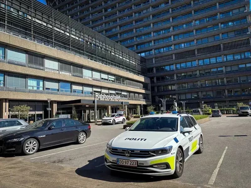 Danish police car parked outside Rigshospitalet hospital