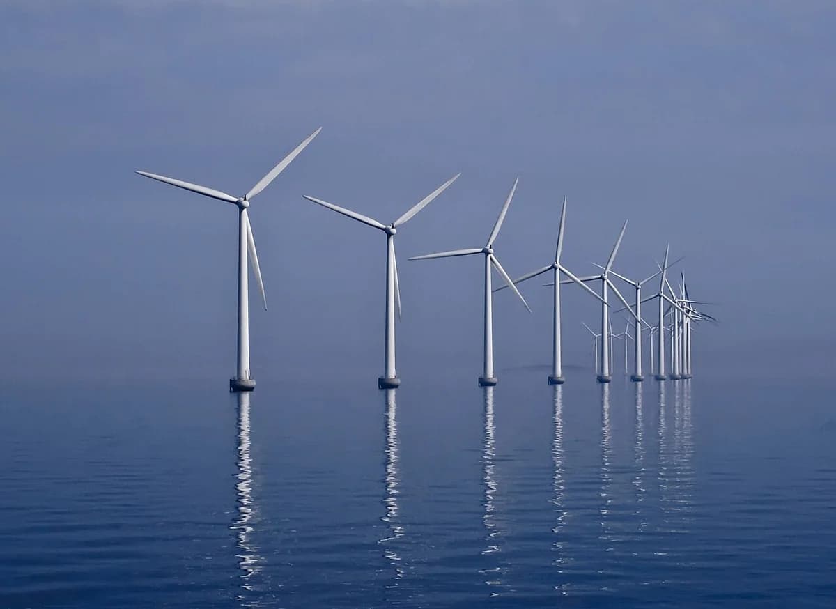 Row of offshore wind turbines in calm sea