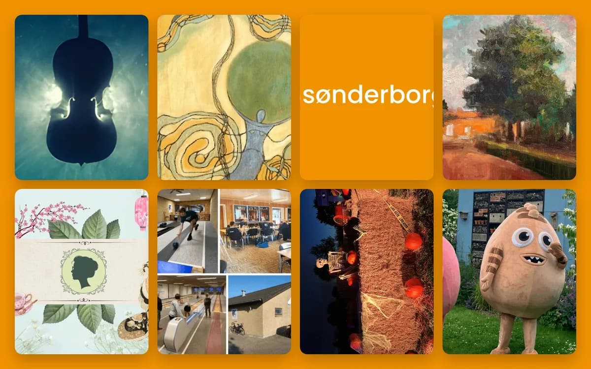 A collage of artworks, indoor scenes, and outdoor displays on an orange background.
