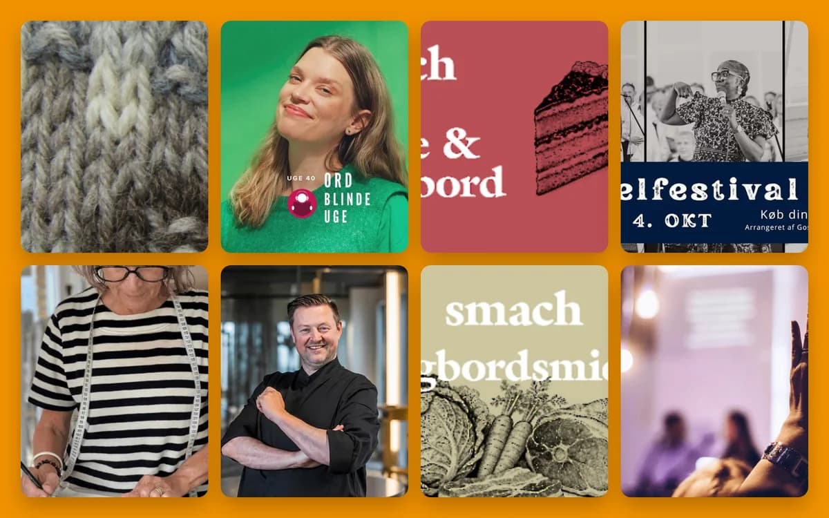 A collage with portraits, posters, and food-themed graphics.