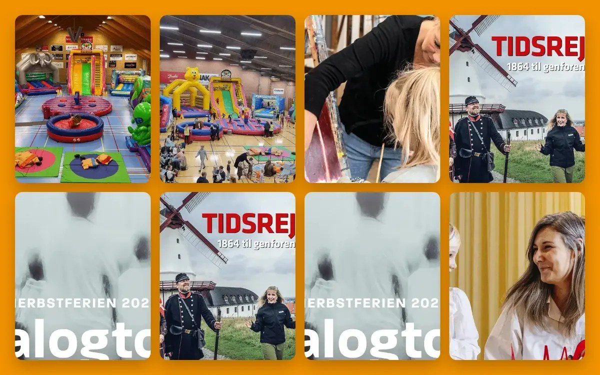 Collage with indoor play areas, an art scene, and a windmill with people.